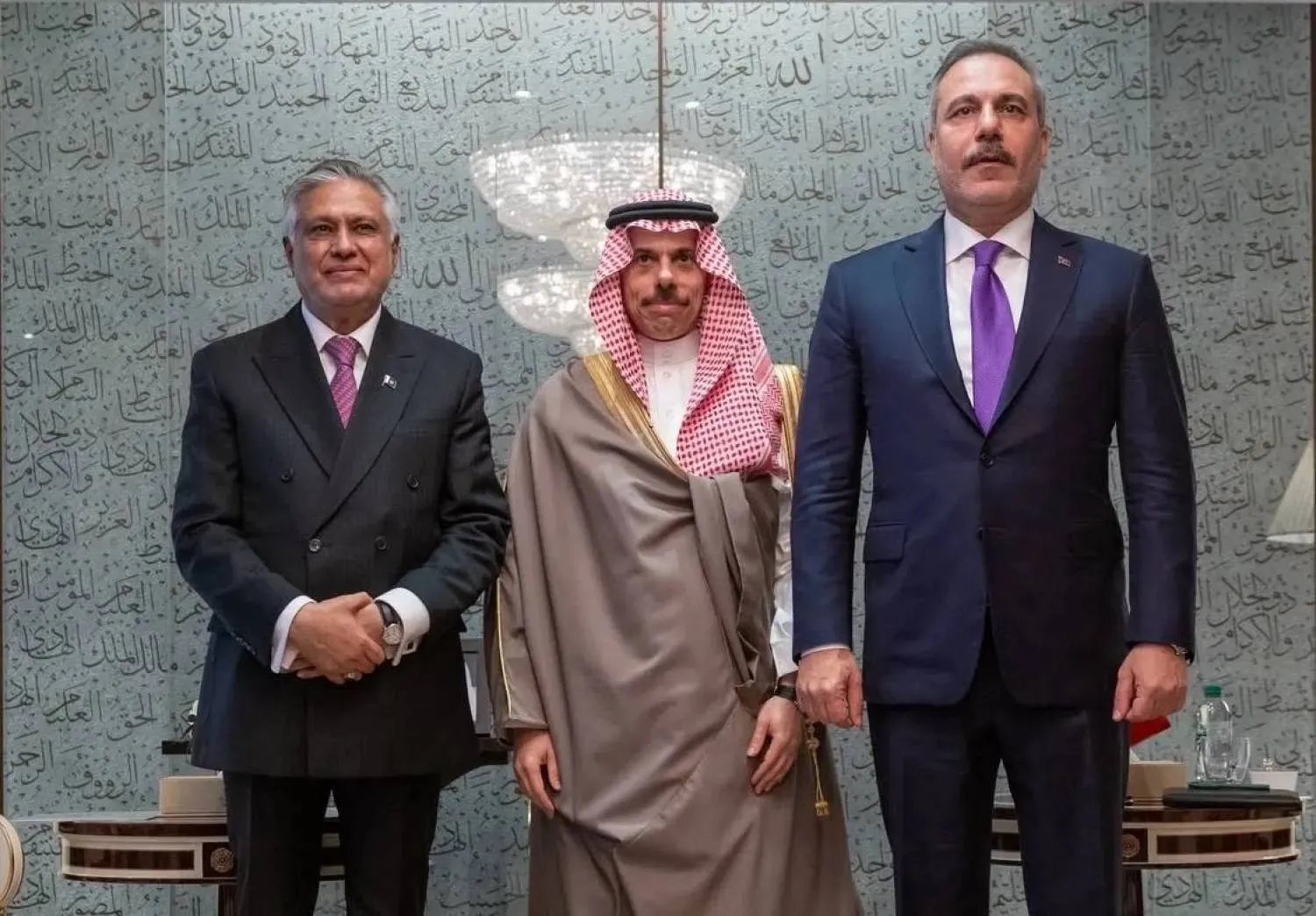 Saudi Foreign Minister Prince Faisal bin Farhan met Pakistan’s Deputy Prime Minister and Foreign Minister Ishaq Dar and Turkish Foreign Minister Hakan Fidan at Saudi Arabia’s permanent UN mission in New York on Thursday. 