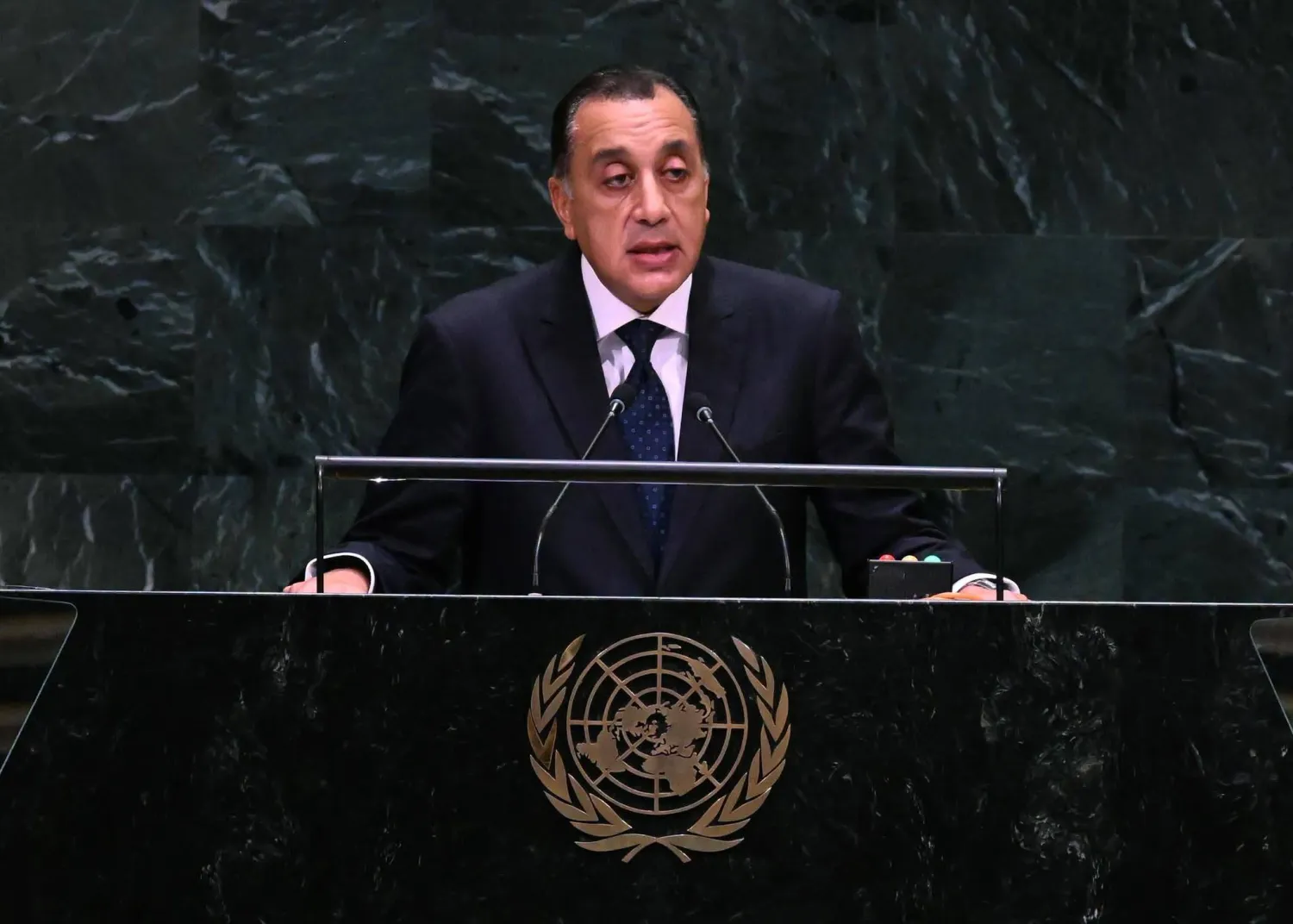 رئيس الوزراء المصري مصطفى مدبولي خلال كلمته في الجمعية العامة للأمم المتحدة (مجلس الوزراء المصري)