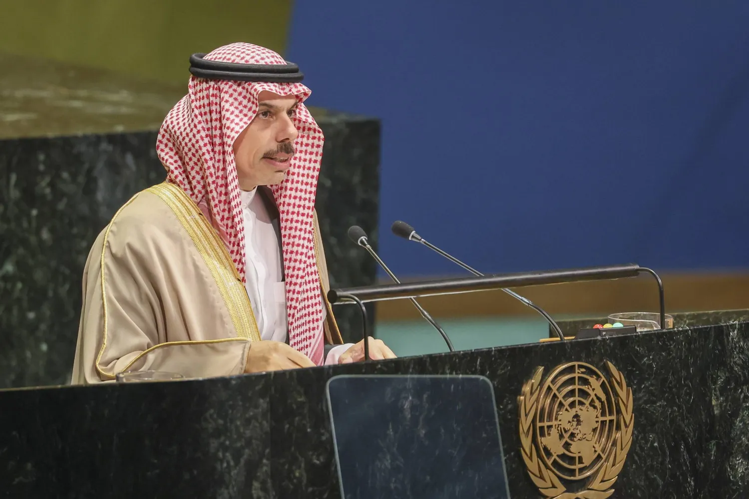 Saudi Foreign Minister Prince Faisal bin Farhan Al-Saud speaks during the General Debate of the 81st session of the United Nations General Assembly (UNGA) at United Nations Headquarters in New York, New York, USA, 26 September 2026.  EPA/SARAH YENESEL