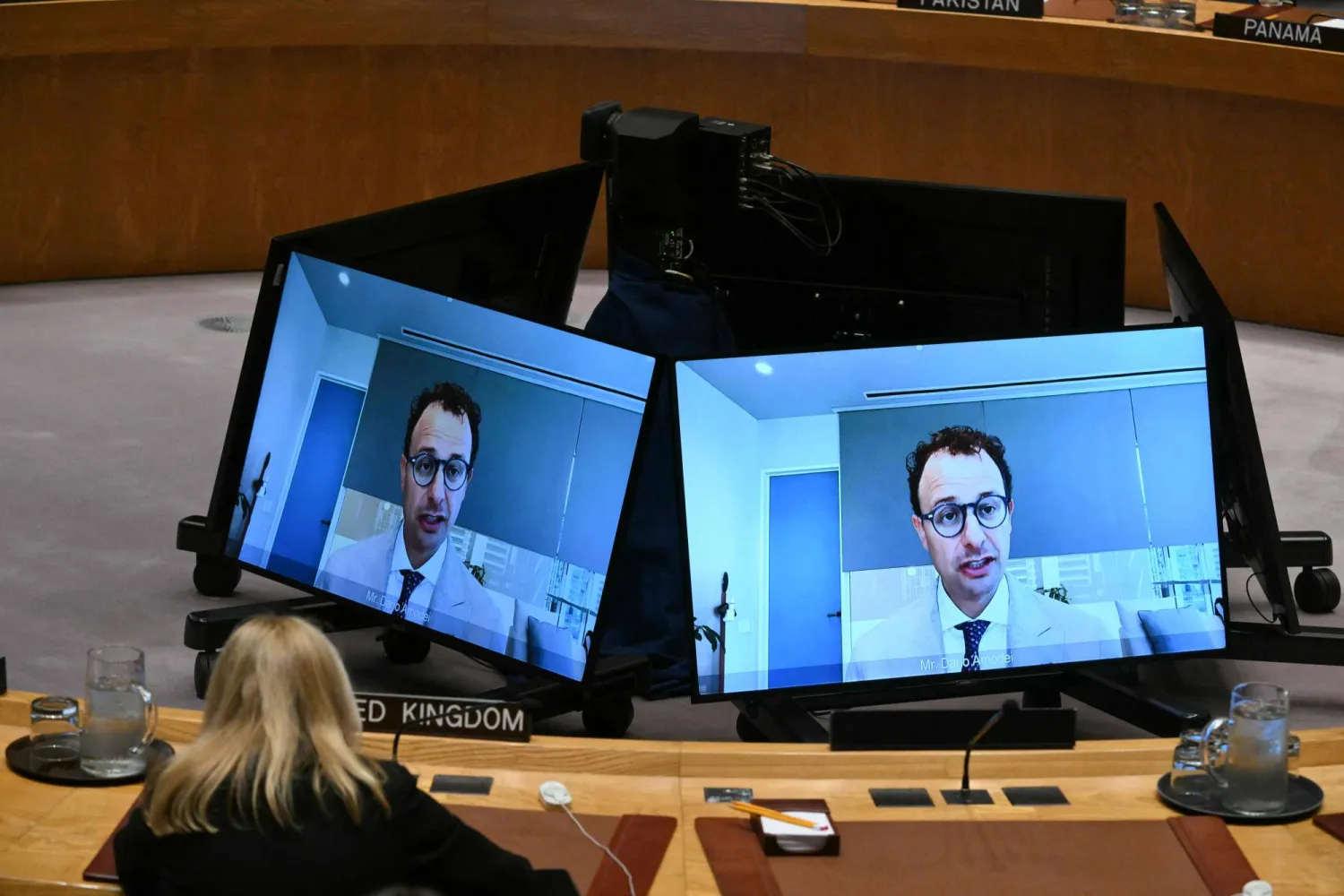 Anthropic CEO Dario Amodei appears by video during a UN Security Council meeting on artificial intelligence during the 81st United Nations General Assembly at UN headquarters in New York on September 23, 2026. (AFP)