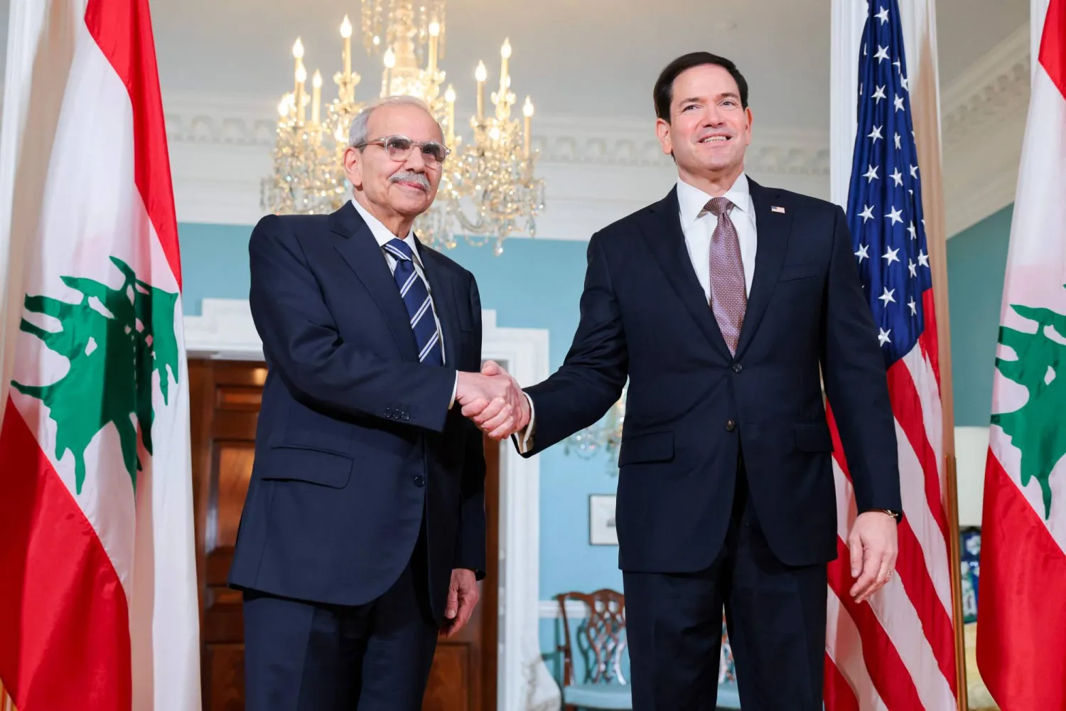 Lebanese Prime Minister Nawaf Salam (L) shakes hands with US Secretary of State Marco Rubio as they pose for photos before a meeting at the US State Department on September 28, 2026, in Washington, DC. (Getty Images/AFP) 