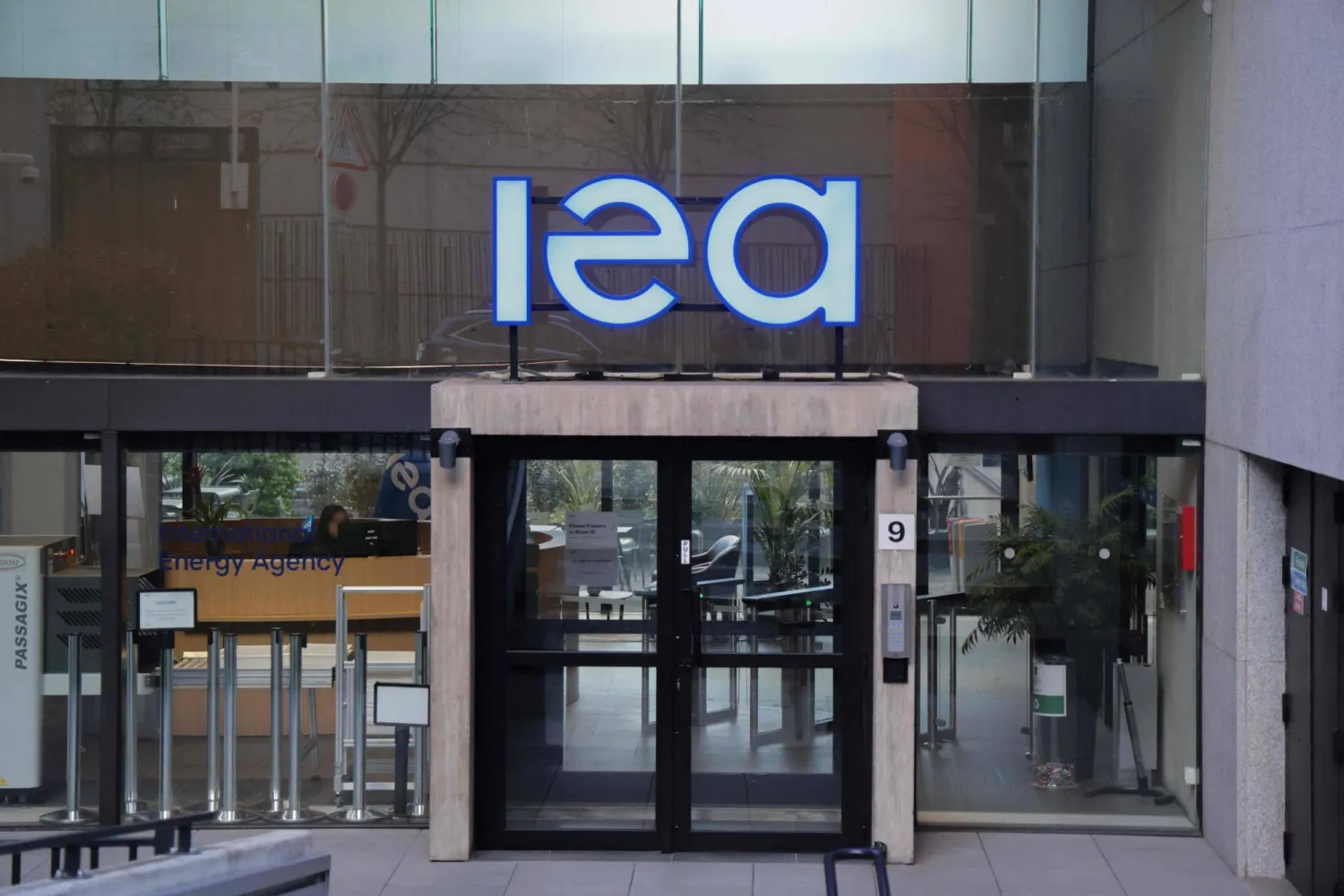 This photograph shows the entrance to the International Energy Agency (IEA) headquarters in Paris on March 11, 2026. (Photo by Ludovic MARIN / AFP)