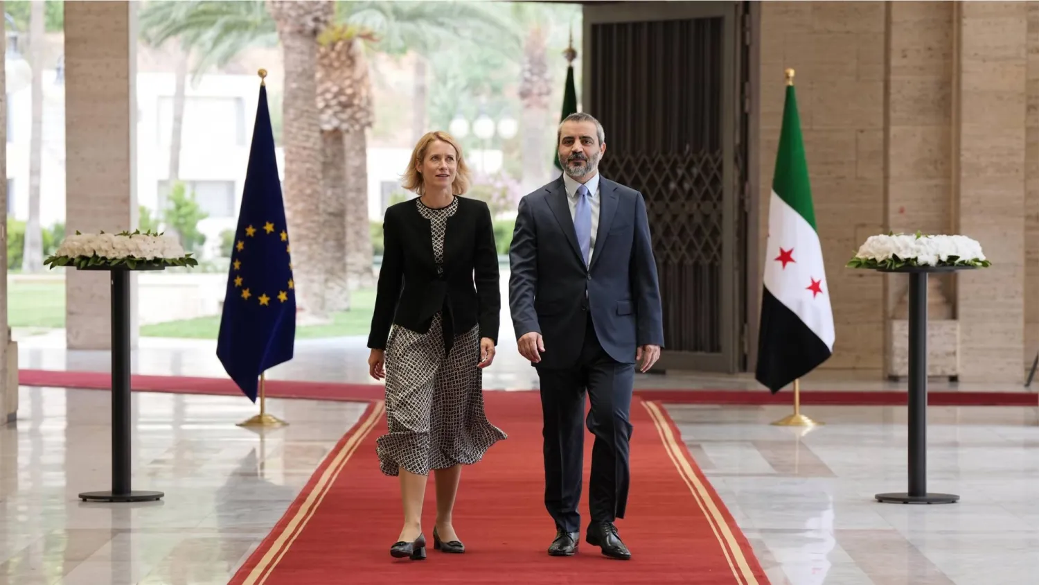 وزير الخارجية السوري أسعد الشيباني يستقبل مسؤولة السياسة الخارجية في الاتحاد الأوروبي كايا كالاس في دمشق الثلاثاء (الخارجية السورية)