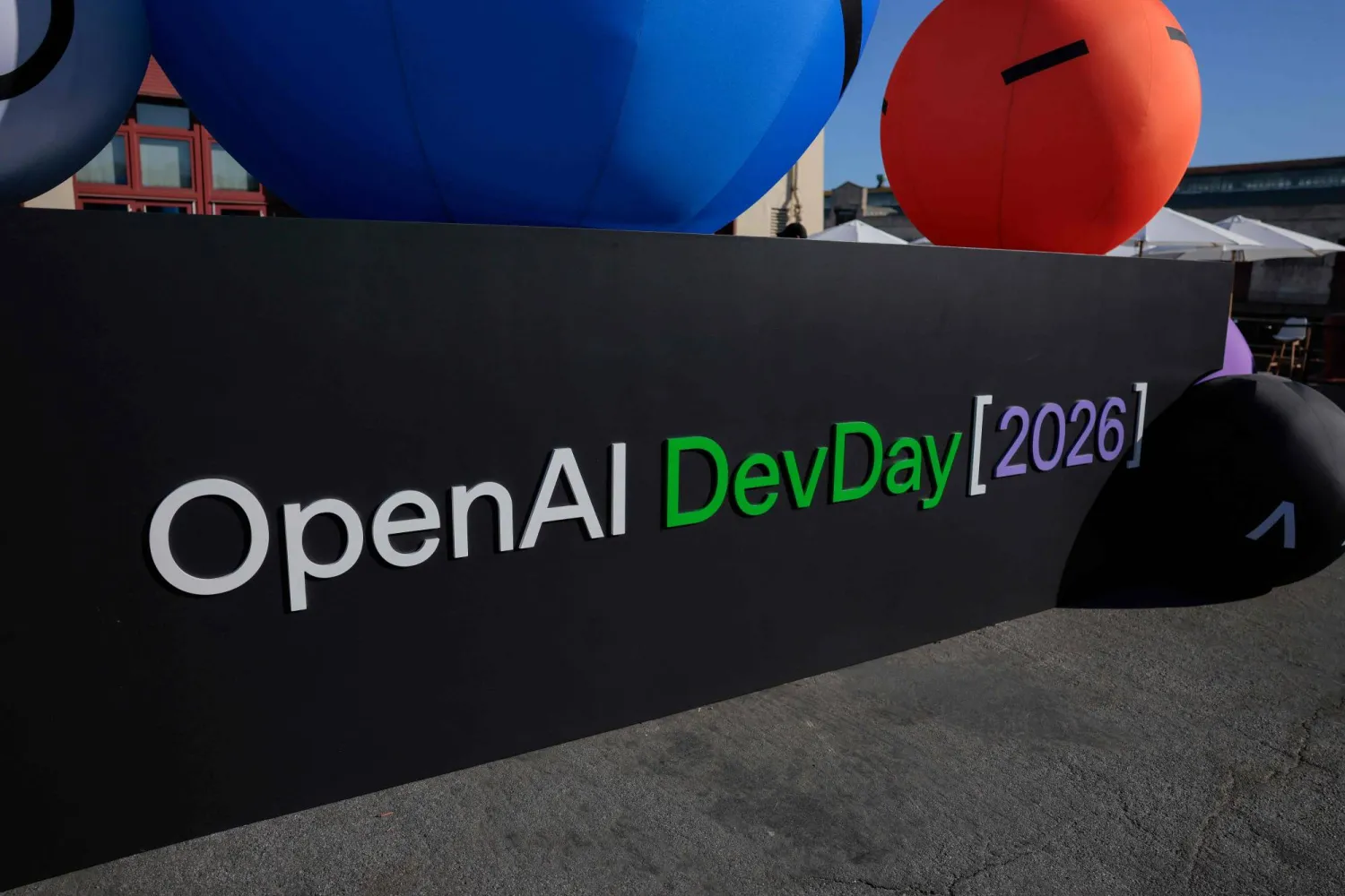 An OpenAI display welcomes attendees as they arrive for an OpenAI developers conference at Fort Mason on September 29, 2026, in San Francisco, California. (Getty Images/AFP) 