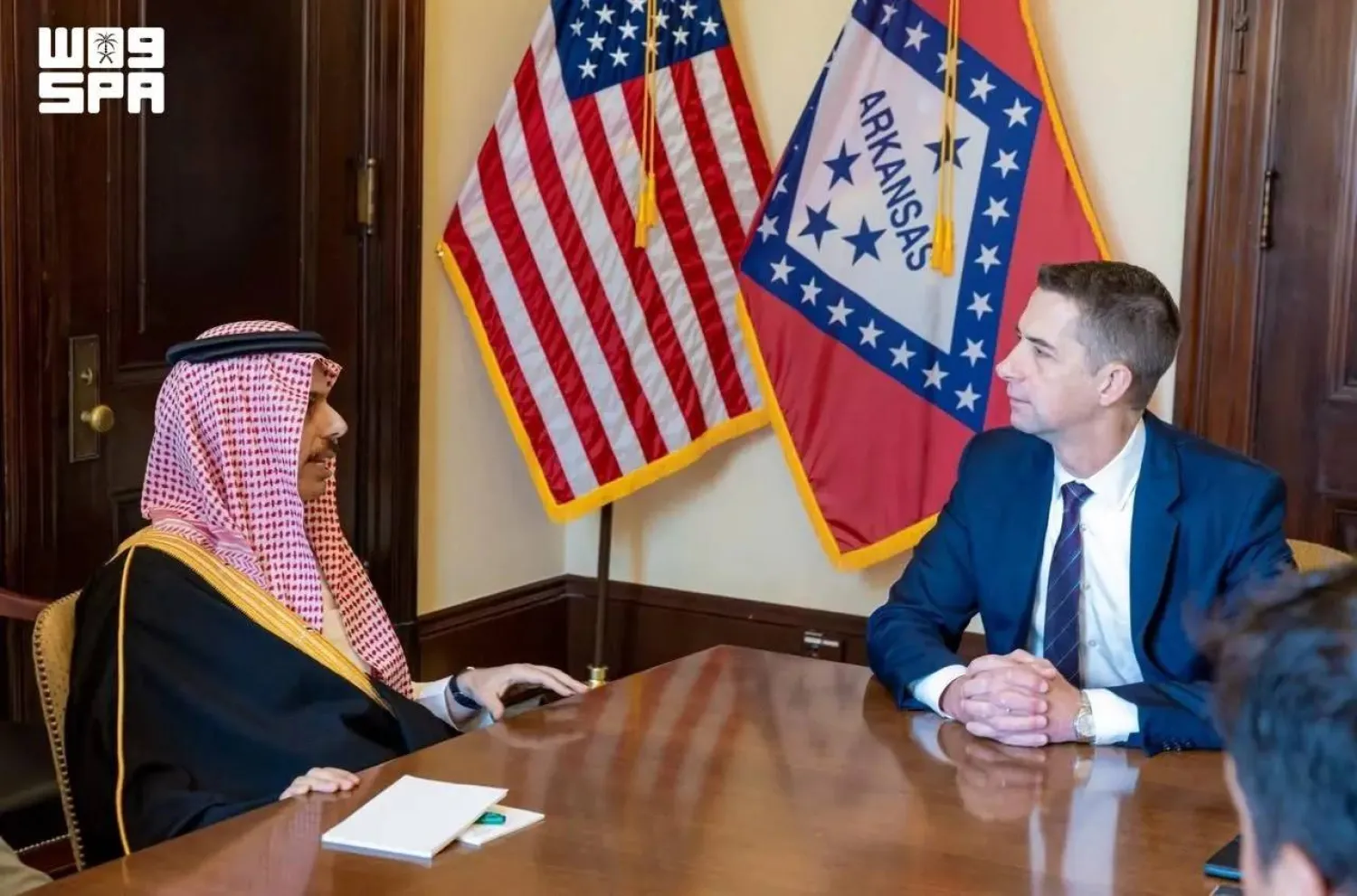 Saudi Minister of Foreign Affairs Prince Faisal bin Farhan bin Abdullah and US Senate Select Committee on Intelligence Chairman Senator Tom Cotton meet in Washington. (SPA)