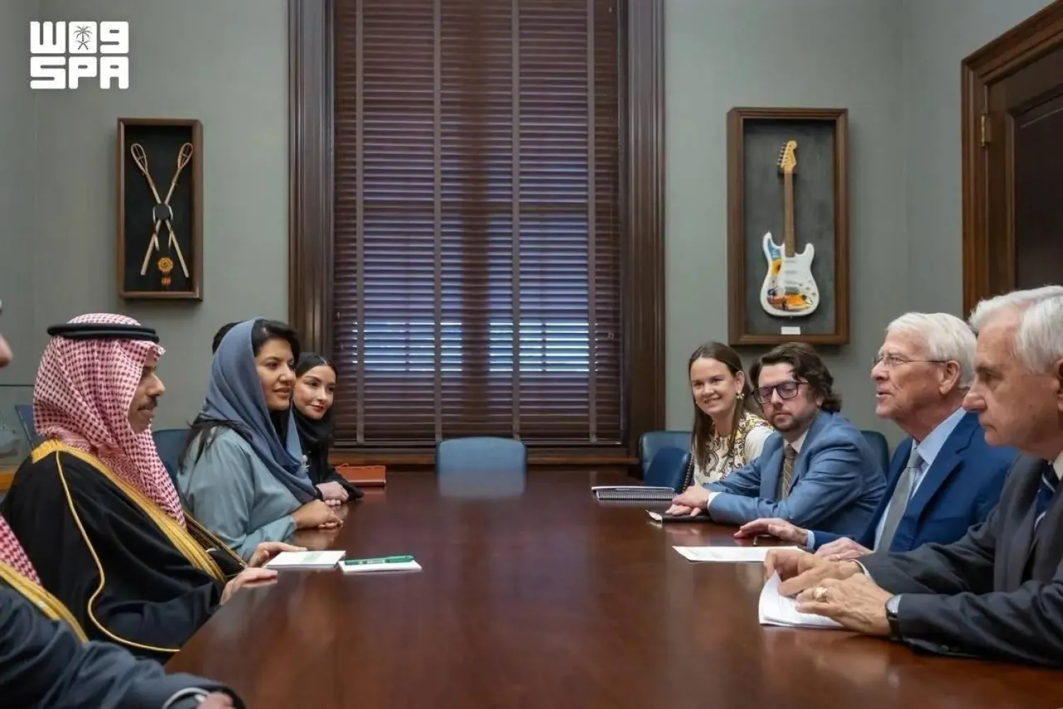 Saudi Minister of Foreign Affairs Prince Faisal bin Farhan bin Abdullah met with US Senate Armed Services Committee Chairman Senator Roger Wicker and Ranking Member Senator Jack Reed. (SPA)