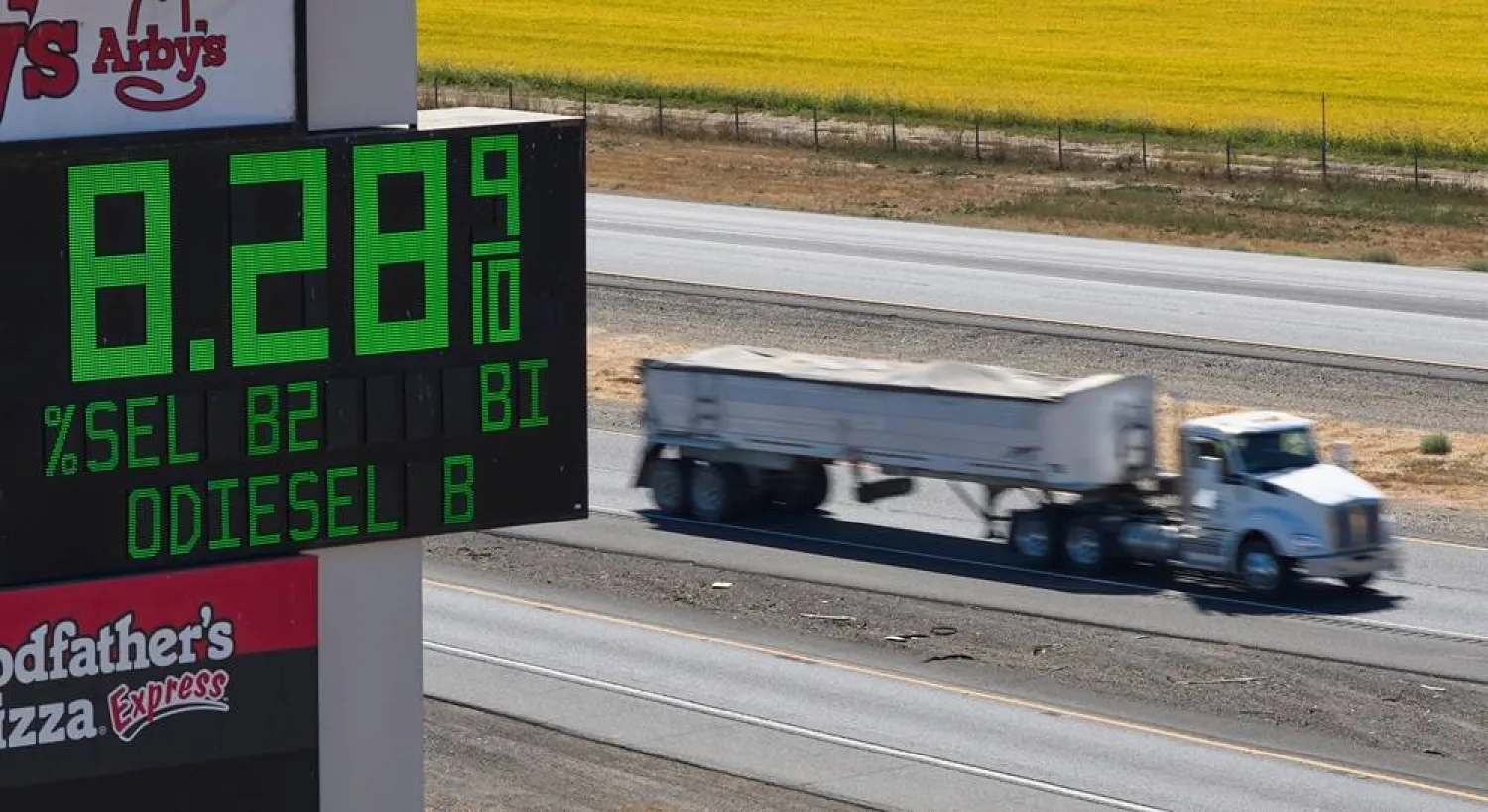  A semi drives past a sign advertising the price of diesel along Interstate 5 in Williams, California, US, September 28, 2026. (Reuters)