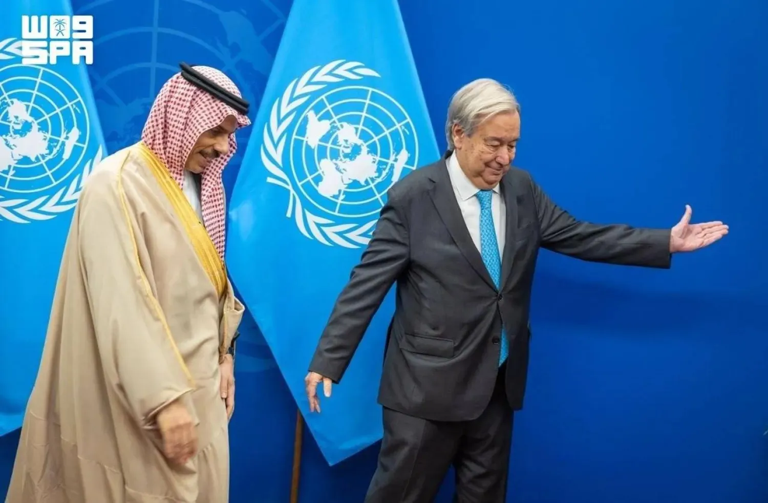 Saudi Foreign Minister Prince Faisal bin Farhan and UN Secretary-General Antonio Guterres (SPA)