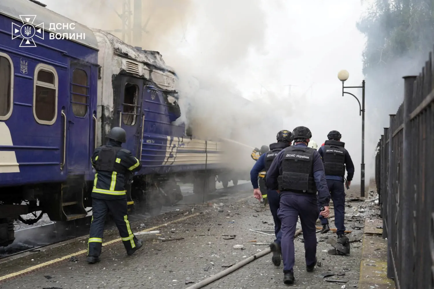 Firefighters extinguish a car of a passenger train hit by a Russian drone strike at a railway station, amid Russia's attack on Ukraine, in Lutsk, Ukraine September 12, 2026. (Press service of the State Emergency Service of Ukraine in Volyn region/Handout via Reuters) 