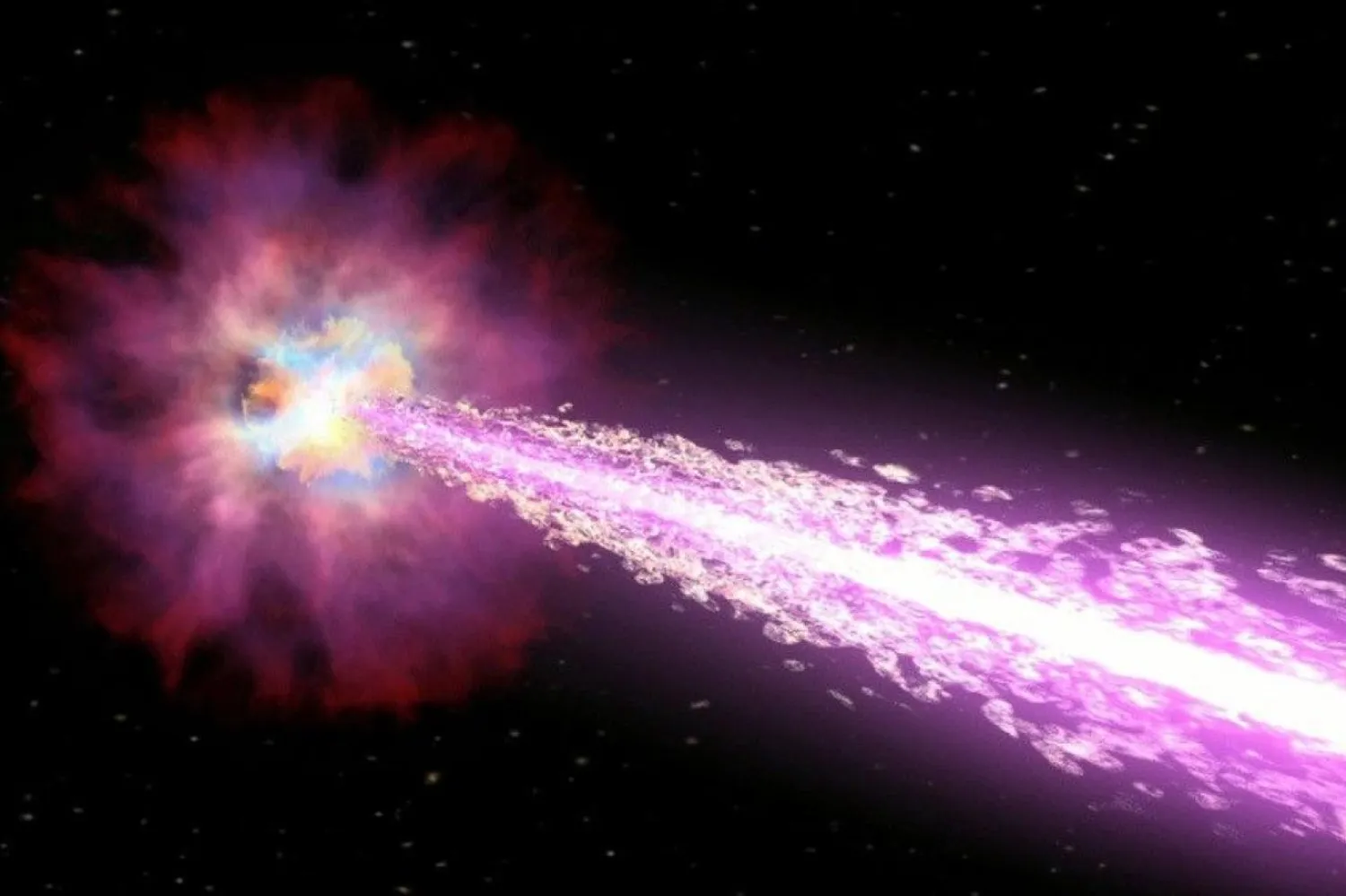 Gama ışını patlaması (GIP) tarafından üretilen yüksek enerjili parçacık jeti, sanatçı tasvirinde gösteriliyor (NASA/Swift/Cruz deWilde)