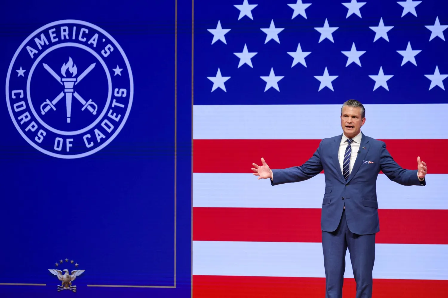  Secretary of Defense Pete Hegseth gives a State of the Force address at Marine Corps Base Quantico, Wednesday, Sept. 30, 2026 in Quantico, Va. (Alex Wong/Pool Photo via AP) 