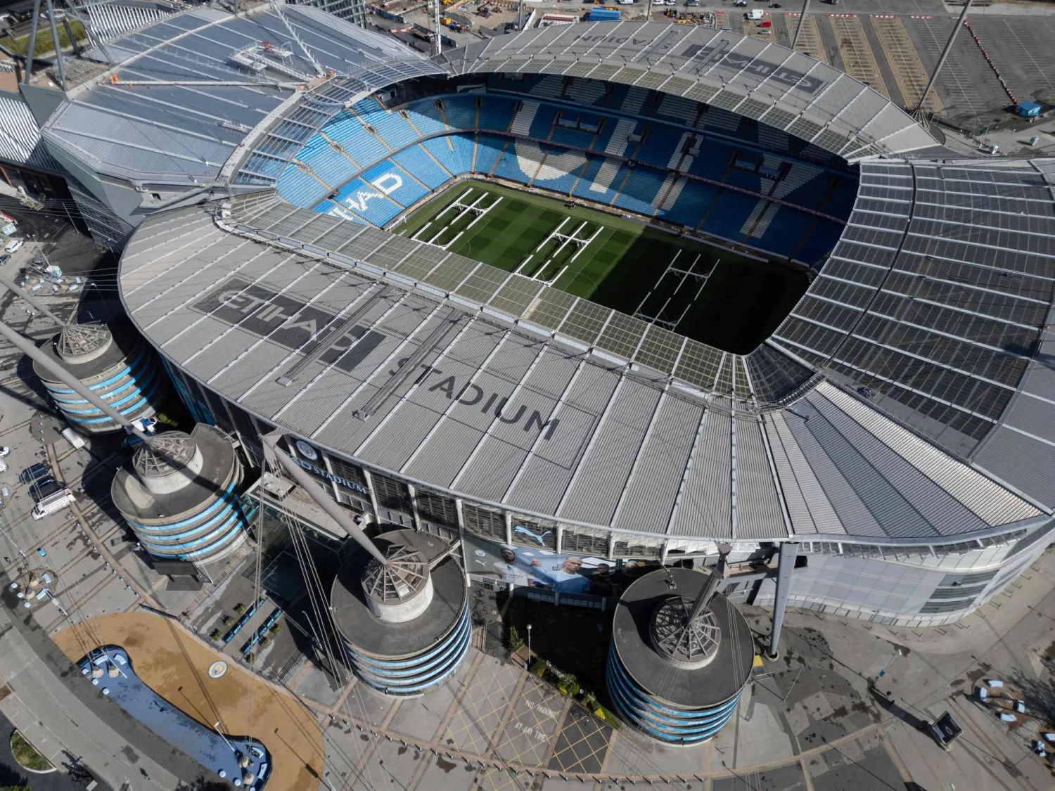 An aerial view shows the Etihad Stadium, the home ground of Manchester City football club, in Manchester, northwest England on September 30, 2026. (AFP)