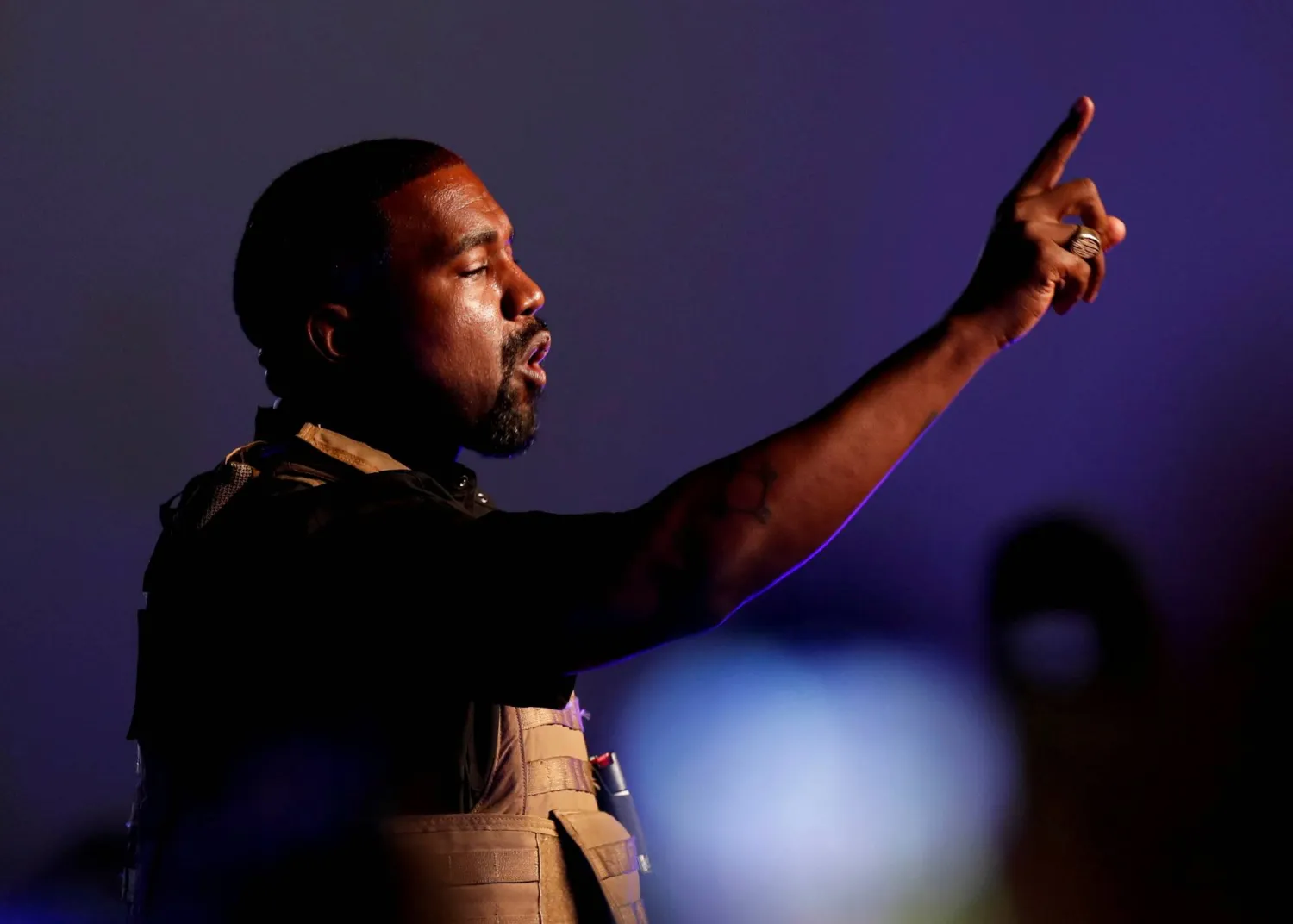 FILE PHOTO: Rapper Kanye West makes a point as he holds his first rally in support of his presidential bid in North Charleston, South Carolina, US July 19, 2020.  REUTERS/Randall Hill/File Photo
