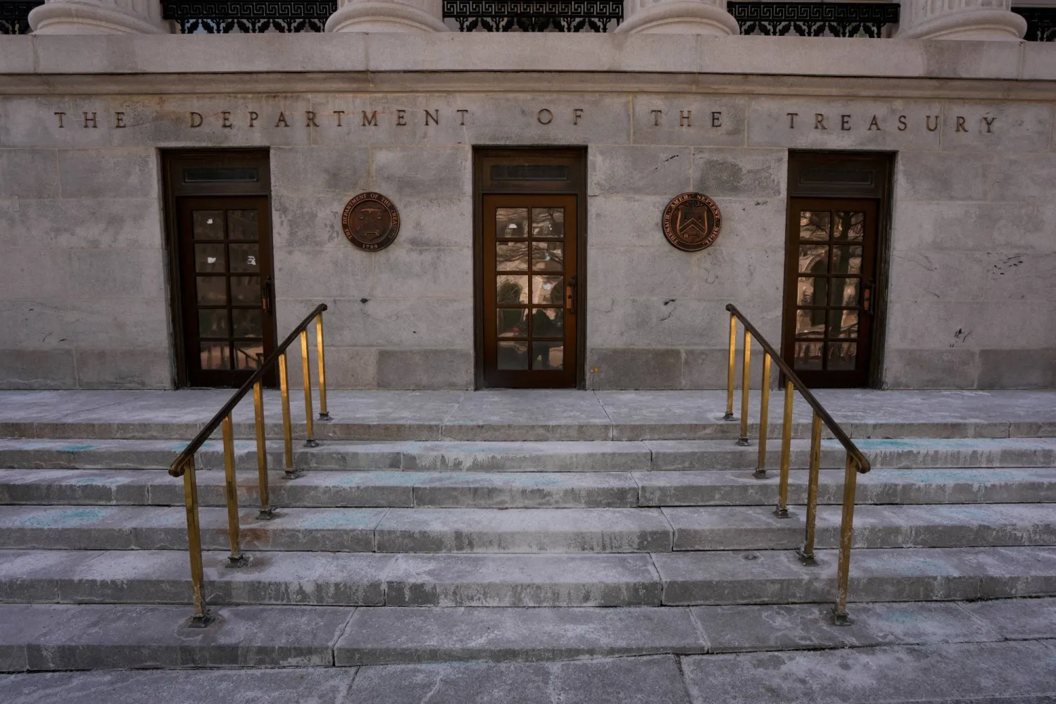 A general view of the entrance to the US Department of the Treasury on day two of a partial government shutdown in Washington, DC, US, February 1, 2026. (Reuters)