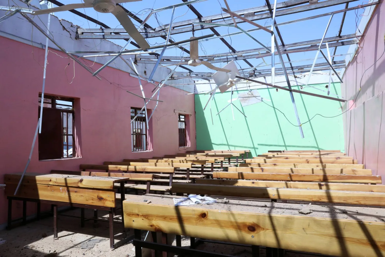 A lecture hall at the College of Development and Technological Sciences with its roof collapsed after an attack attributed to the paramilitary Rapid Support Forces (RSF), in El Obeid, North Kordofan, Sudan, September 15, 2026. REUTERS/El Tayeb Siddig
