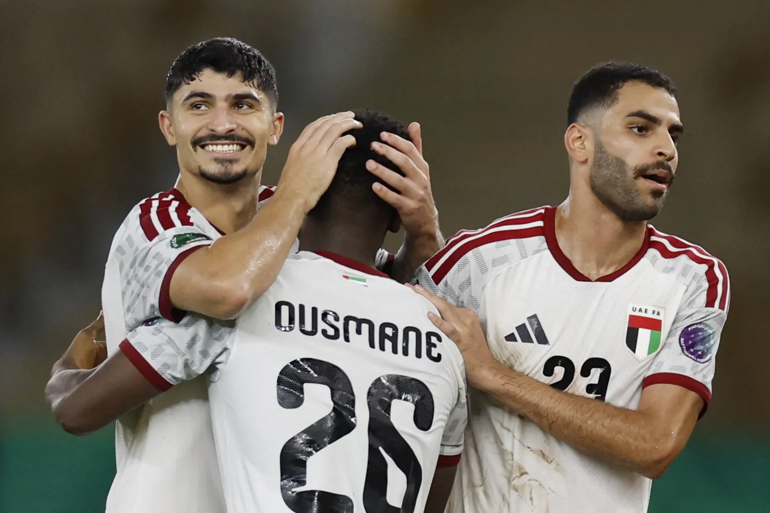 Football - Gulf Cup - Semi Final - United Arab Emirates v Oman - Prince Abdullah Al Faisal Stadium, Jeddah, Saudi Arabia - October 3, 2026 United Arab Emirates' Lucas Pimenta, Oumar Camara and Sultan Adil celebrate after the match. (Reuters)