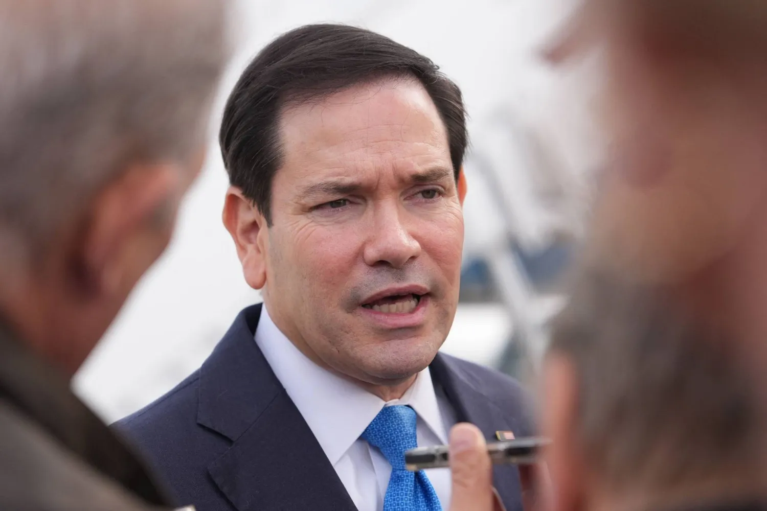 US Secretary of State Marco Rubio speaks to the press before boarding a plane en route to Iceland at Joint Base Andrews, Maryland, on October 5, 2026. (AFP)