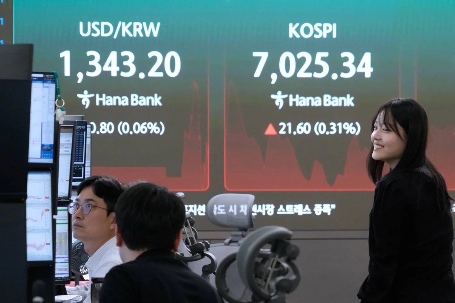 متداول يتفاعل قرب شاشة تعرض مؤشر «كوسبي» وسعر صرف الدولار مقابل الوون في غرفة تداول العملات الأجنبية بمقر بنك هانا بسيول (أ.ب)