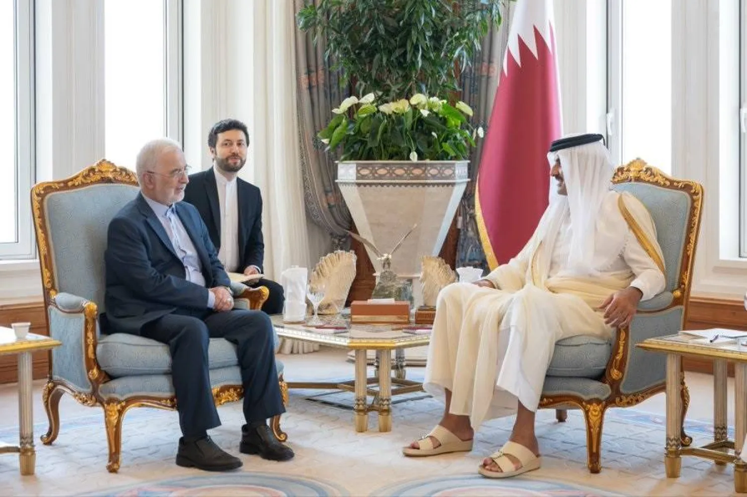 الشيخ تميم بن حمد آل ثاني أمير قطر، خلال استقباله وزير الداخلية الإيراني إسكندر مؤمني. (قنا)
