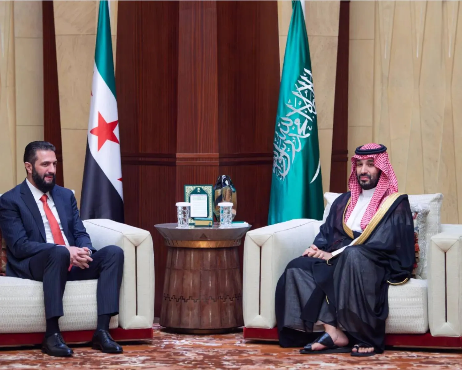 Prince Mohammed bin Salman bin Abdulaziz Al Saud, Saudi Crown Prince and Prime Minister, and Syrian President Ahmad Al-Sharaa meet in Riyadh on Tuesday. (SPA)