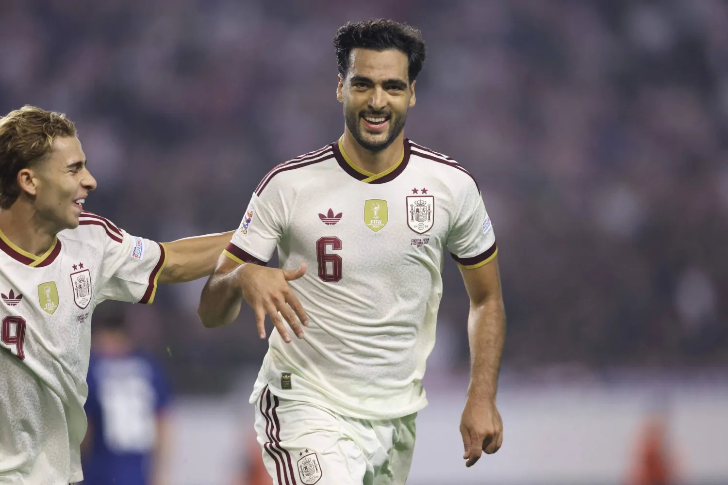  Spain's midfielder #6 Mikel Merino celebrates scoring his team's second goal during the UEFA Nations League Group A3 football match between Croatia and Spain at the Poljud stadium in Split on October 6, 2026. (AFP) 