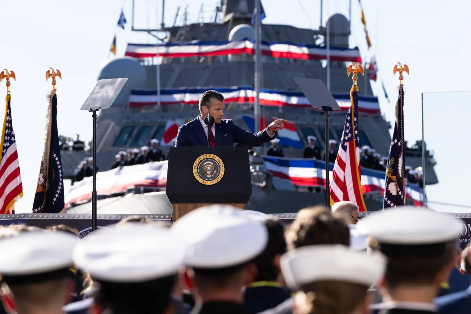 US Secretary of Defense Pete Hegseth delivers remarks during an Anduril Industries event at Tradepoint Atlantic in Sparrows Point, Maryland, USA, 06 October 2026. (EPA)
