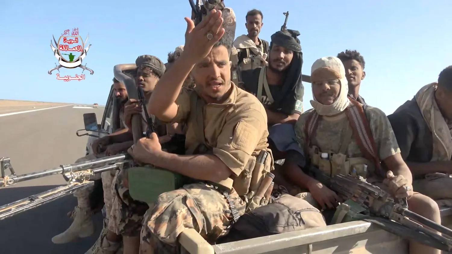  Yemeni government fighters sit in the back of a vehicle near Dhubab, Taiz Governorate, Yemen, in this still image taken from video released October 5, 2026.    Southern Giants Brigades/Handout via REUTERS