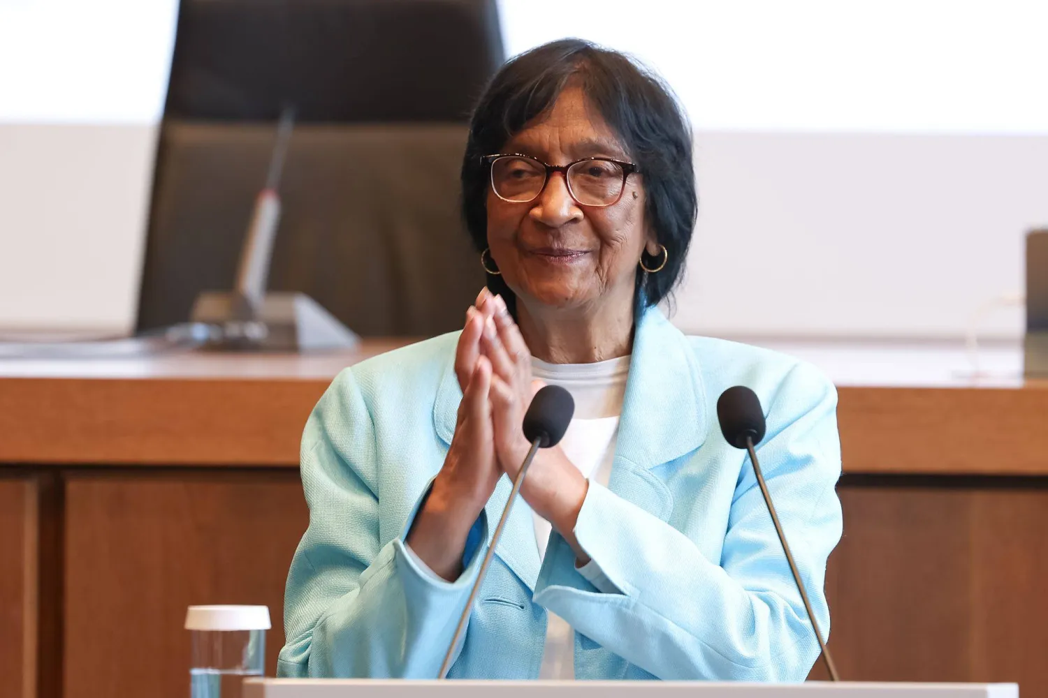  09 October 2026, Bavaria, Nürnberg: South African lawyer Navanethem "Navi" Pillay speaks at the Nuremberg Forum in Nuremberg following the announcement that she is the recipient of the 2026 Nobel Peace Prize. (dpa)