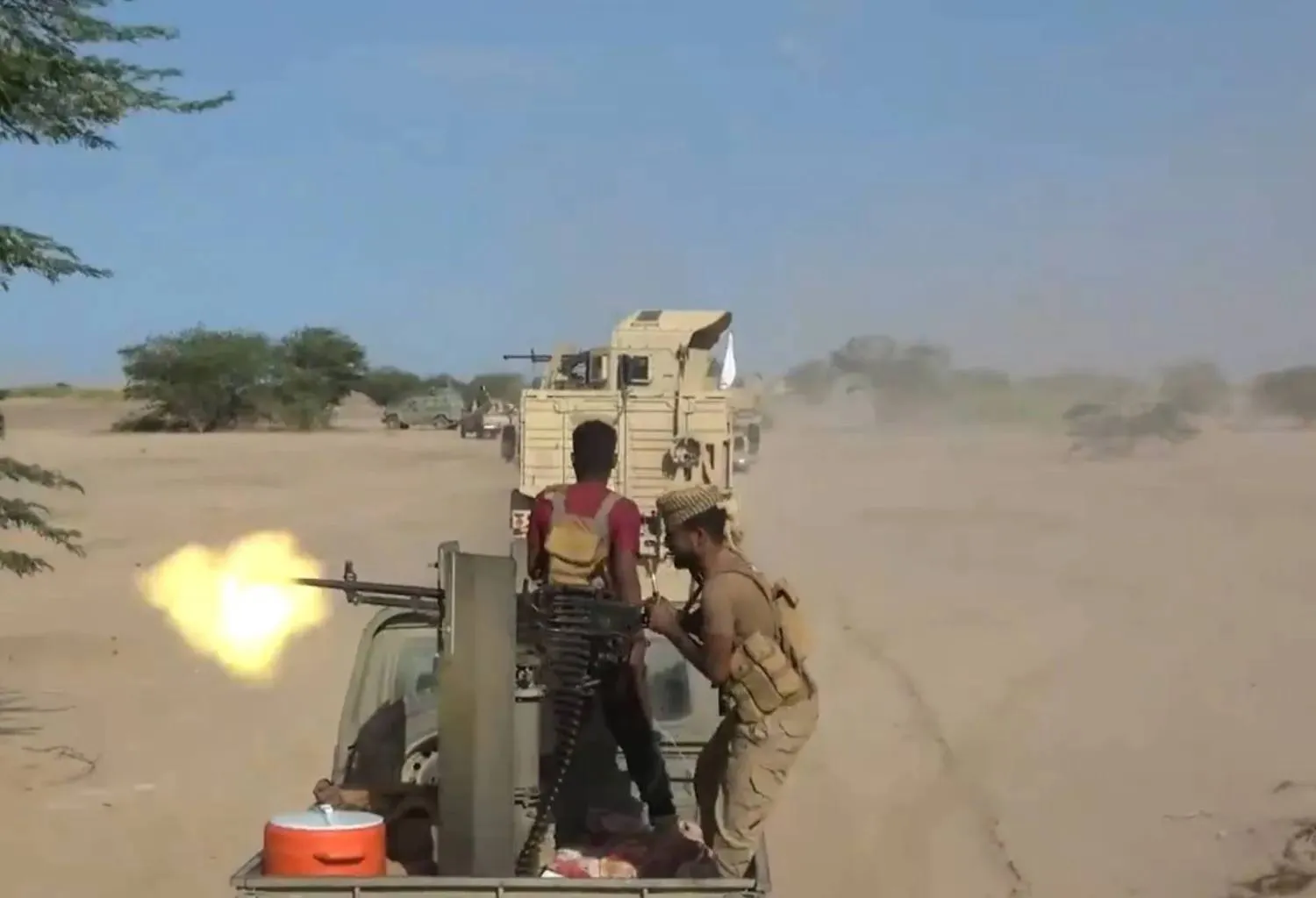 Soldiers from Yemen’s pro-government Giants Brigades during their campaign against the Houthis near Bab al-Mandab (AP). 
