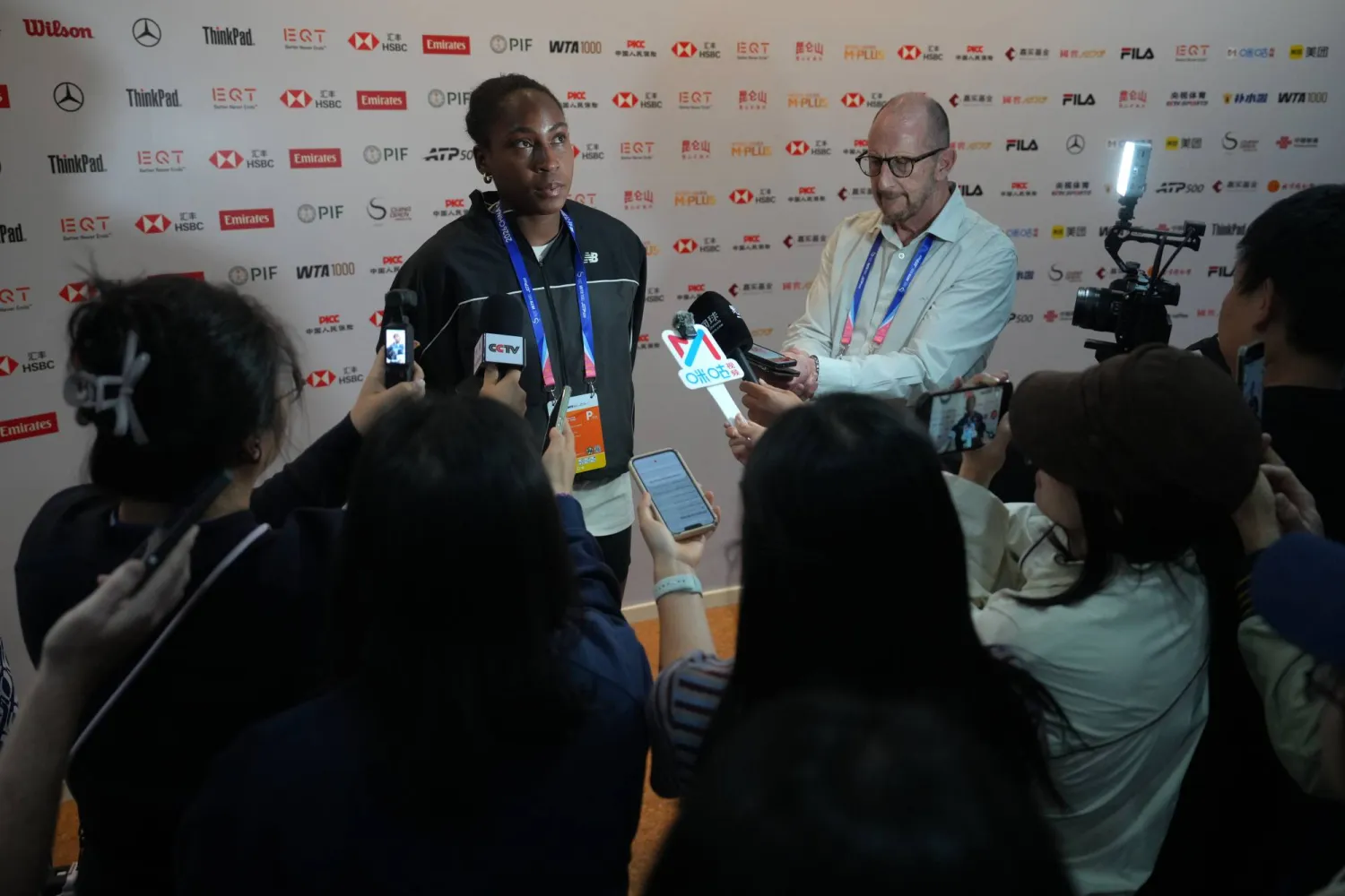 Coco Gauff, of the United States, pauses during a press conference following her loss to Elise Mertens of Belgium in the fourth round of the women's singles match at the China Open tennis tournament in Beijing, Wednesday, Oct. 7, 2026. (AP Photo/Andy Wong)