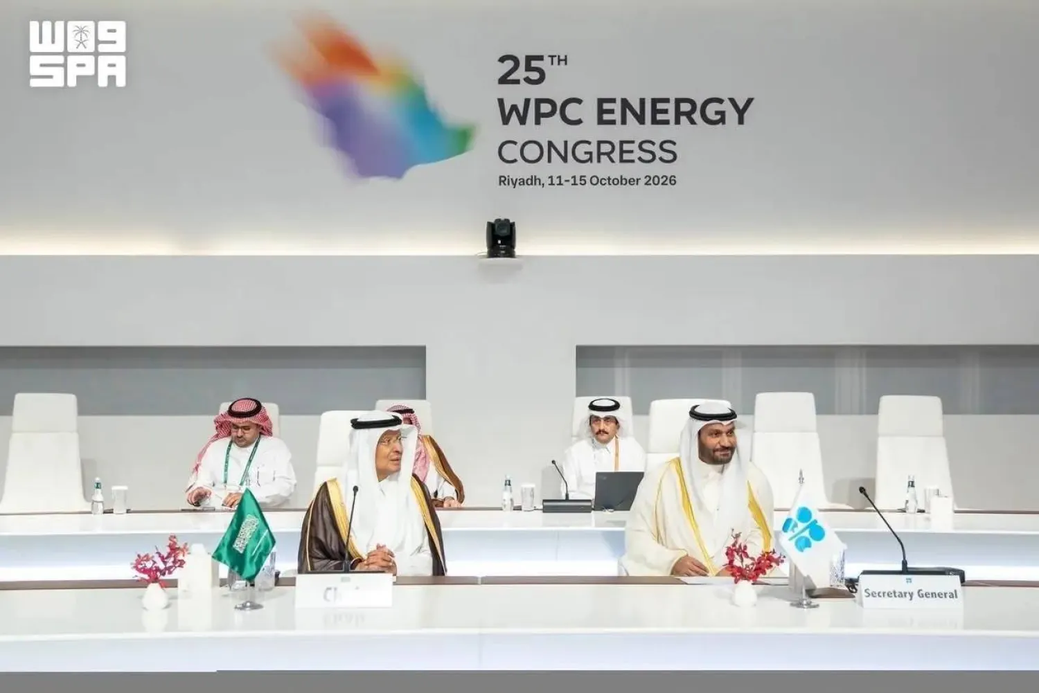 Saudi Minister of Energy and Minister of Industry and Mineral Resources Prince Abdulaziz bin Salman bin Abdulaziz (L) at the Riyadh meeting on Monday. (SPA)