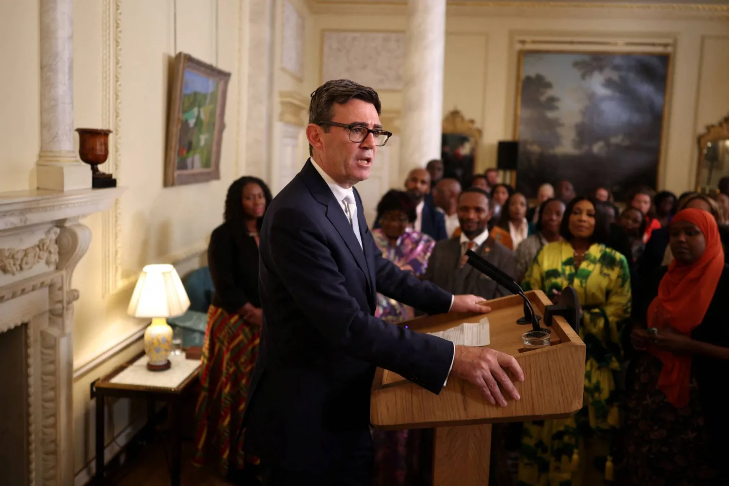 British Prime Minister Andy Burnham speaks during a reception to celebrate Black History Month at Downing Street, in London, Britain, October 12, 2026. (Reuters)