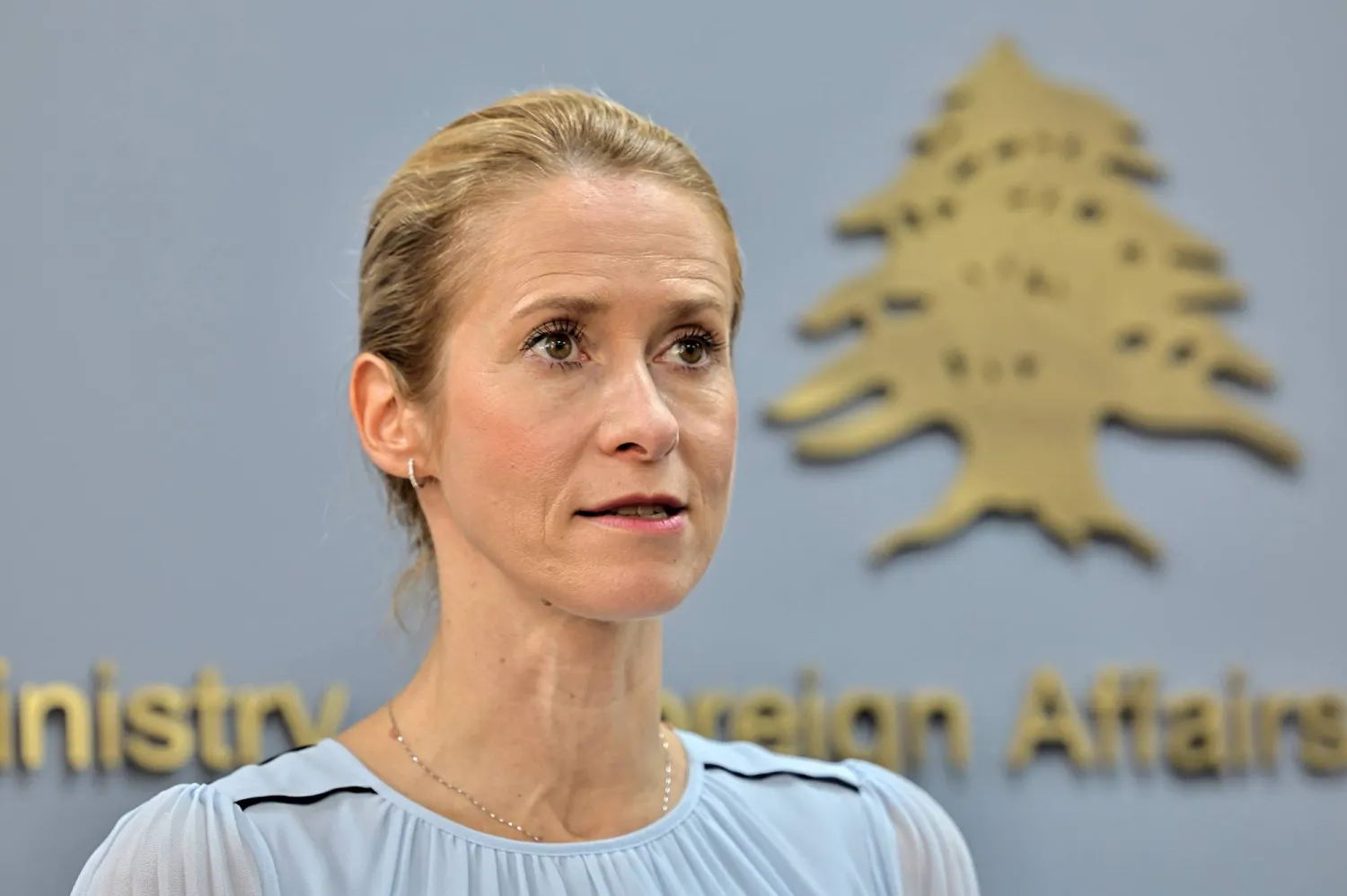 Kaja Kallas, the European Union's high representative for foreign affairs and security policy, speaks during a joint press conference with Lebanese Minister of Foreign Affairs and Emigrants Youssef Rajji (not pictured) at the Lebanese Foreign Ministry in Beirut, Lebanon, 08 October 2026. (EPA)