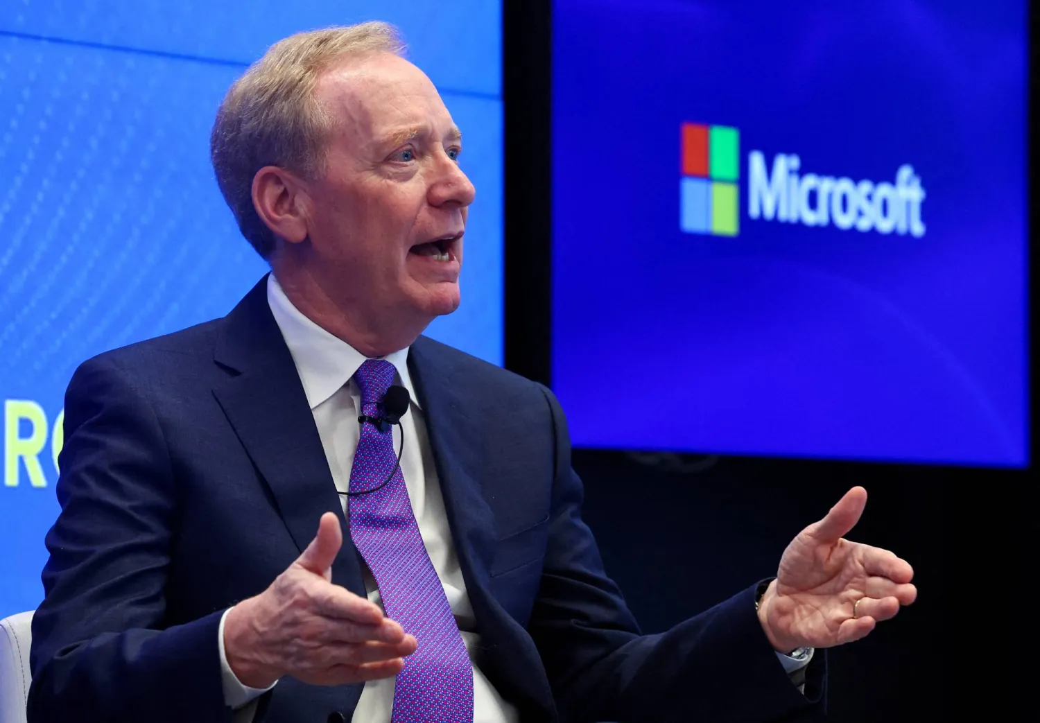 Microsoft Vice Chair and President Brad Smith addresses a keynote in Brussels, Belgium April 30, 2025. (Reuters)
