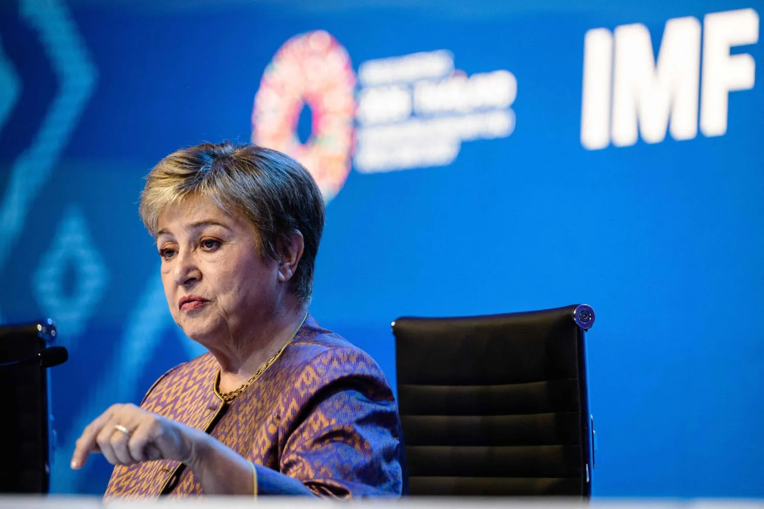 IMF Managing Director Kristalina Georgieva gestures during the Managing Director briefing on the Global Policy Agenda during the 2026 IMF-World Bank Group Annual Meetings at the Queen Sirikit National Convention Center (QSNCC) in Bangkok on October 14, 2026. (Photo by ANTHONY WALLACE / AFP)