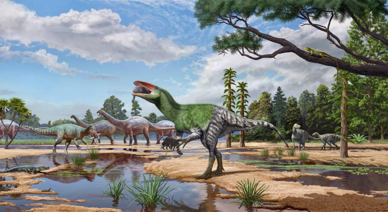 The meat-eating dinosaur Invictibellatrix amberina feeds on a mammal while grasping another in its ecosystem alongside other dinosaurs and other kinds of animals on the Isle of Wight, United Kingdom, in the Cretaceous Period around 120 million years ago, in this illustration released on October 13, 2026. Sergey Krasovskiy and Pedro Salas/Handout via REUTERS
