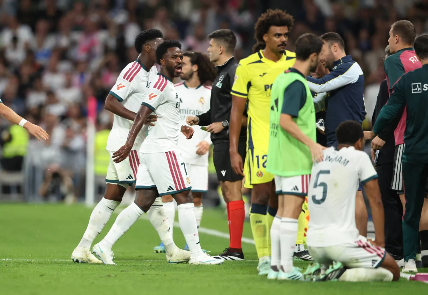 Football - LaLiga - Real Madrid v Villarreal - Estadio Bernabeu, Madrid, Spain - October 10, 2026 Real Madrid's Vinicius Junior reacts as he leaves the pitch after being shown a red card. (Reuters)