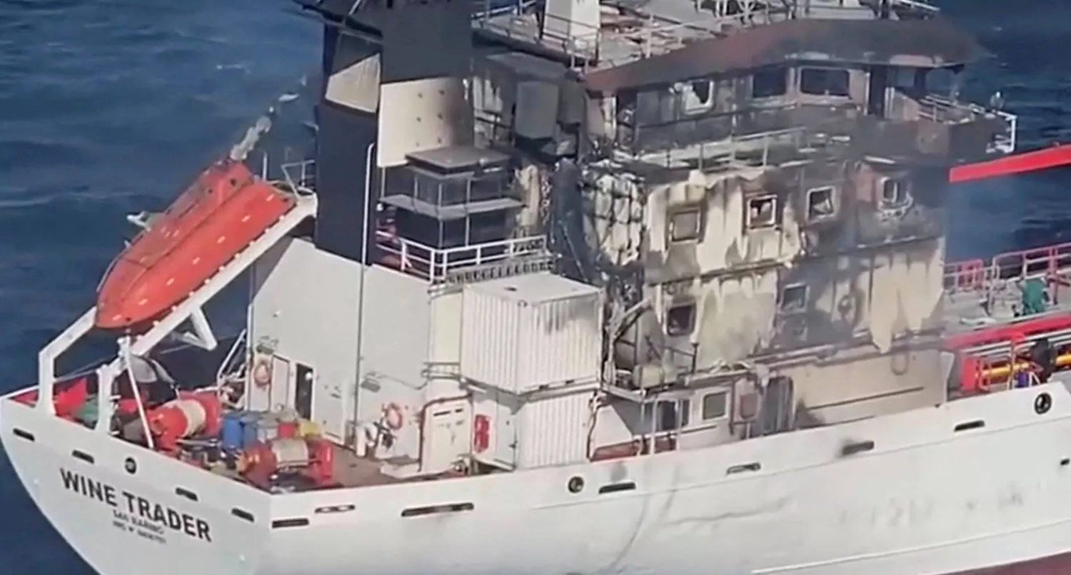 A screengrab from an aerial footage shows San Marino-flagged tanker ship that caught fire in Romanian territorial waters, released October 15, 2026. Romanian Interior Ministry/Handout via REUTERS 