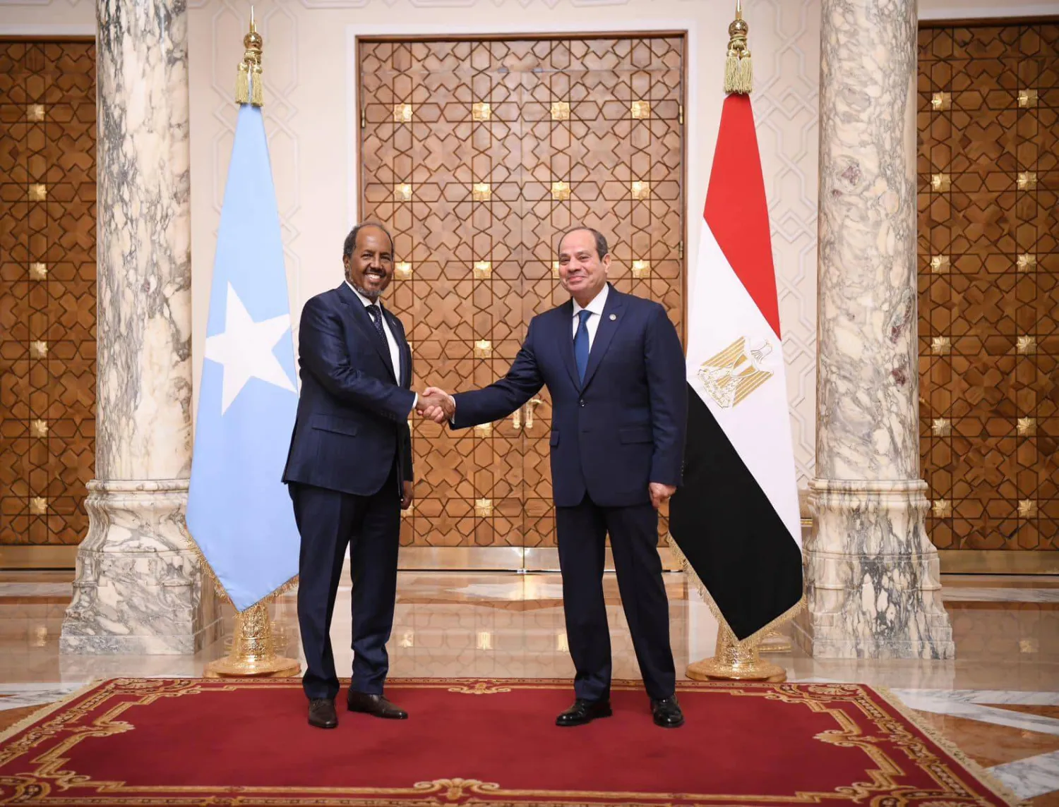 الرئيس المصري عبد الفتاح السيسي ونظيره الصومالي حسن شيخ محمود في لقاء سابق بالقاهرة (الرئاسة المصرية)