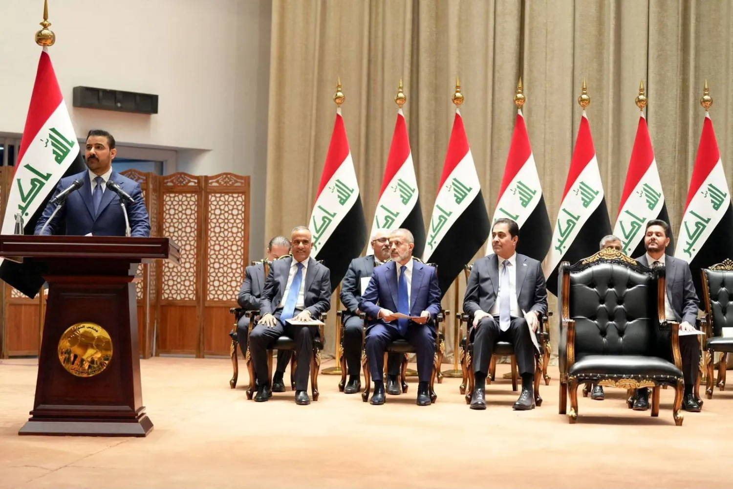  Iraqi Prime Minister Ali al-Zaidi attends a parliamentary session to approve the remaining members of his cabinet, in Baghdad, Iraq, October 15, 2026. (Iraqi Prime Minister's Media Office/Handout via Reuters)