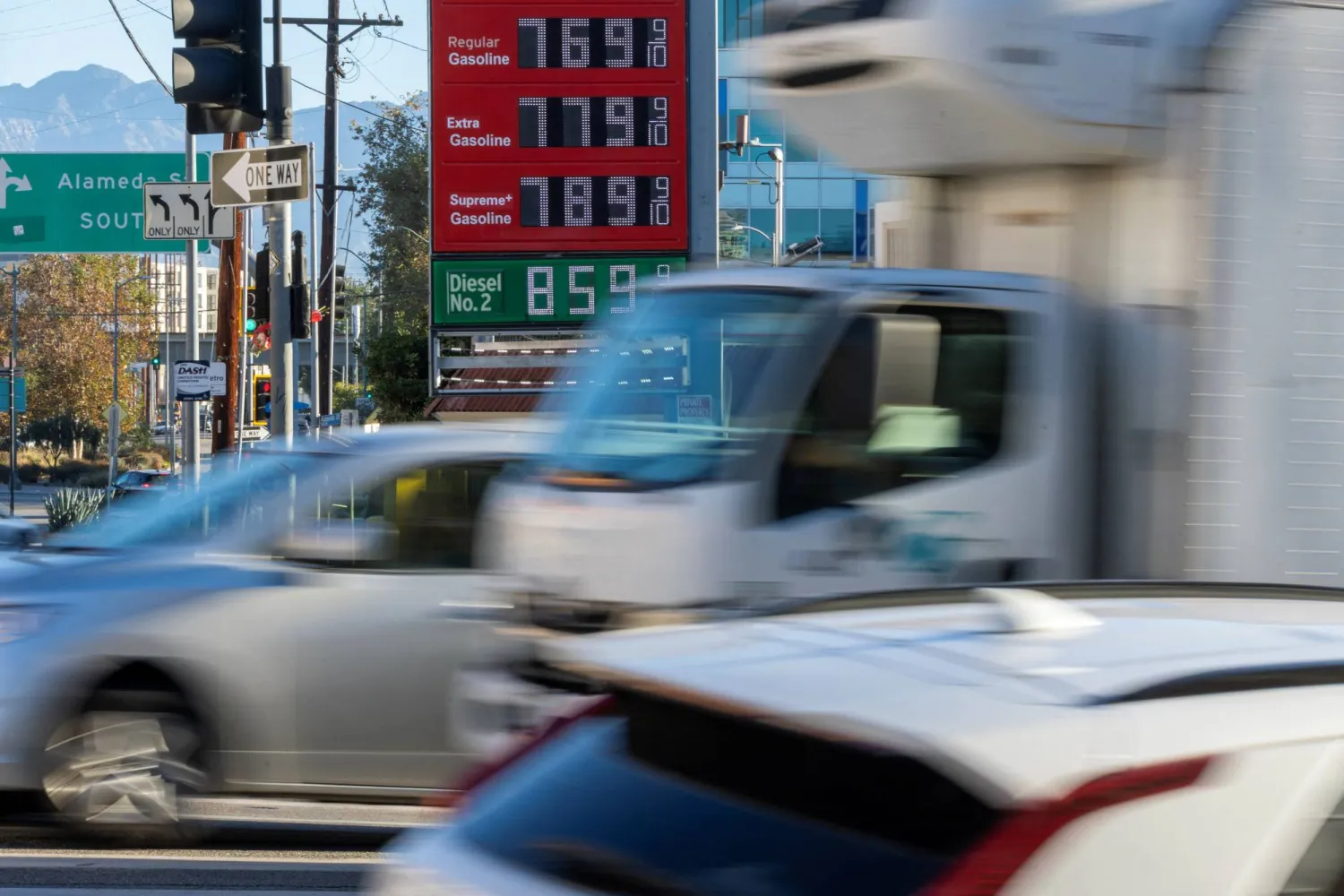  Prices of gasoline and diesel fuel are displayed in downtown Los Angeles, California, US, October 15, 2026. (Reuters)