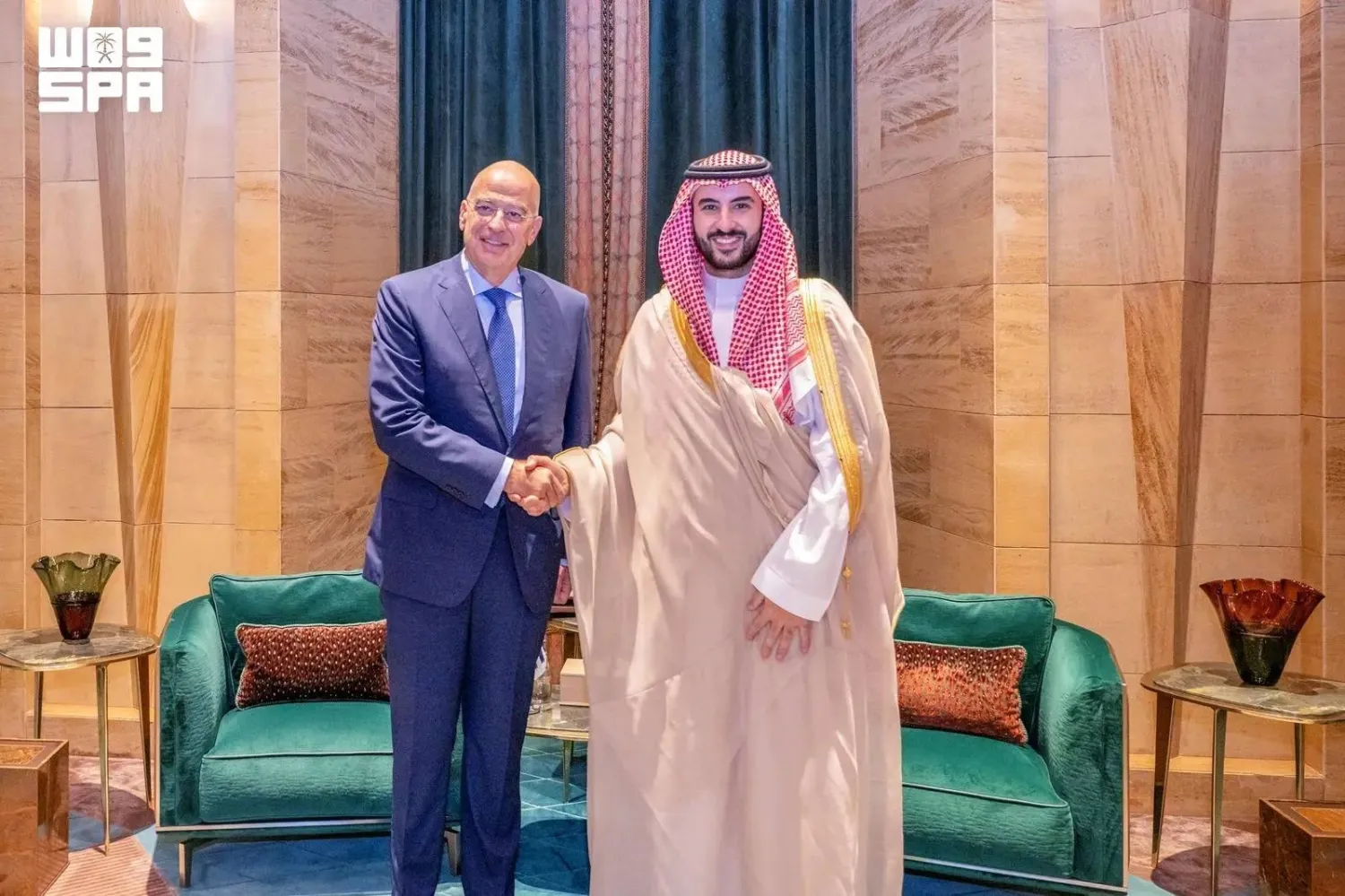 Saudi Minister of Defense Prince Khalid bin Salman bin Abdulaziz meets with his Greek counterpart Nikos Dendias in Riyadh on Thursday. (SPA)