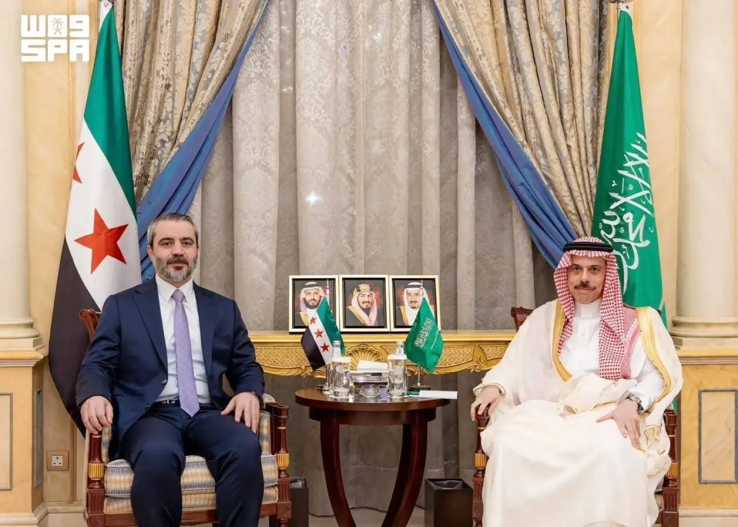 Saudi Foreign Minister Prince Faisal bin Farhan bin Abdullah received his Syrian counterpart, Asaad al-Shaibani, in Riyadh on Friday. (SPA)