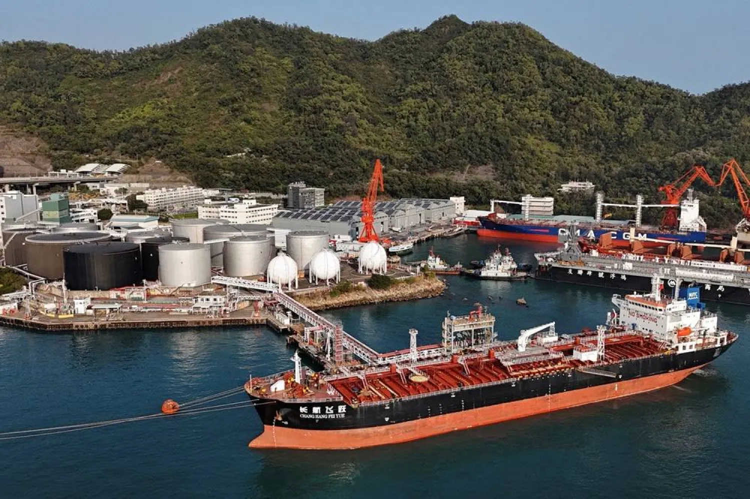 A drone view shows a Chinese-flagged oil tanker moored at an oil terminal at Tsing Yi port in Hong Kong, China March 19, 2026. (Reuters)