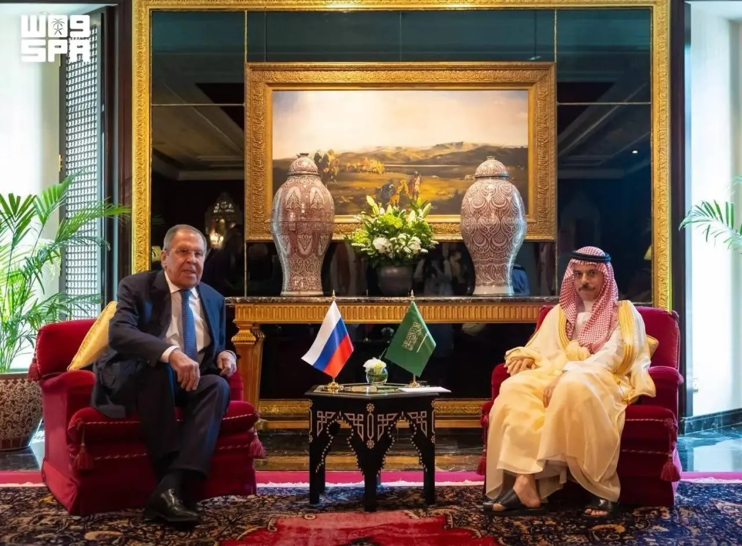 Saudi Minister of Foreign Affairs Prince Faisal bin Farhan bin Abdullah and his Russian counterpart Sergei Lavrov meet in Manama on Sunday. (SPA)