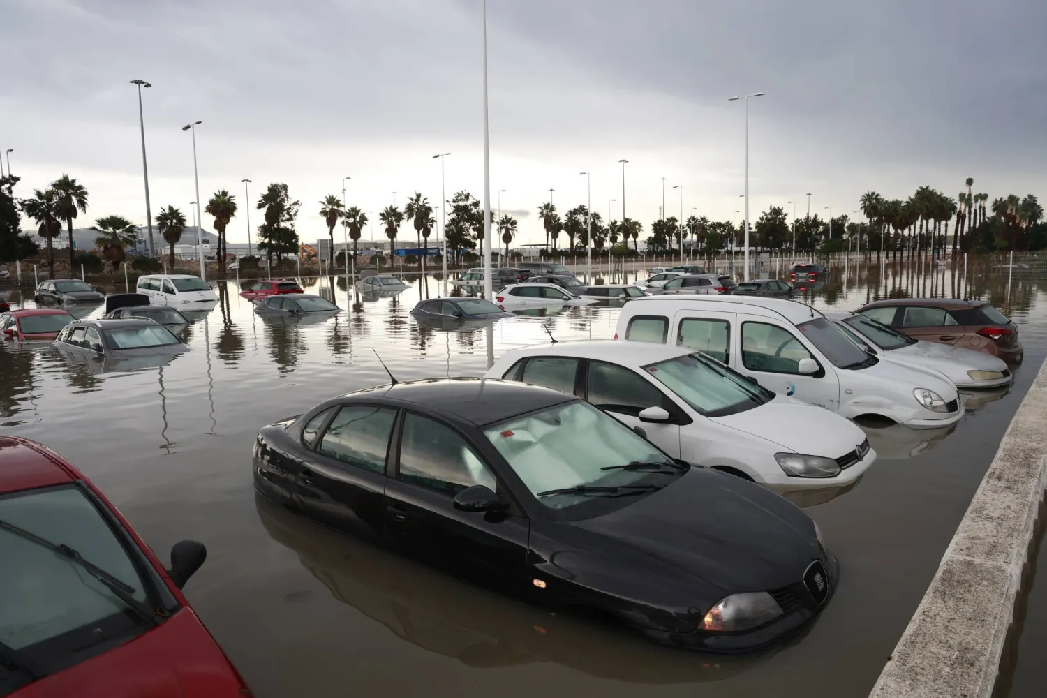 Parked cars are half-submerged in a flooded park area after heavy rainfall that hit the area early in the morning, in the town of Algeciras, southern Spain, 18 October 2026. (EPA)