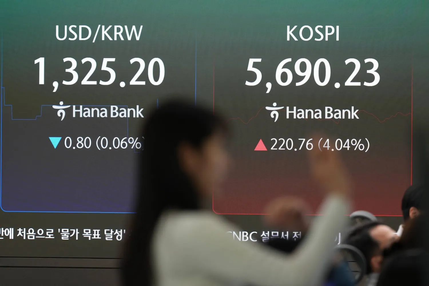 متداولة تقف بالقرب من شاشات تعرض مؤشر «كوسبي» وسعر صرف العملات بين الدولار والوون الكوري الجنوبي في غرفة تداول تابعة لبنك هانا في سيول (أ.ب)