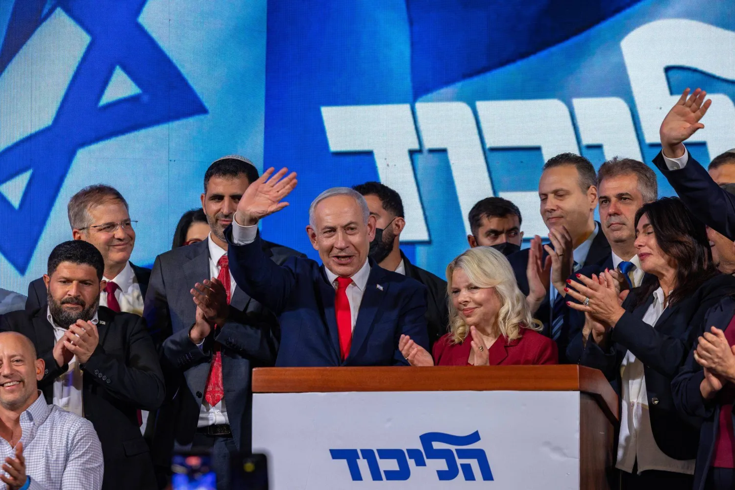 28 October 2026, Israel, Jerusalem: Israeli Prime Minister and Likud party leader Benjamin Netanyahu (C) speaks to supporters at the Likud party's election-night event at the International Convention Center in Teddy Hall, following the release of the exit poll results in Israel's legislative election. (dpa)