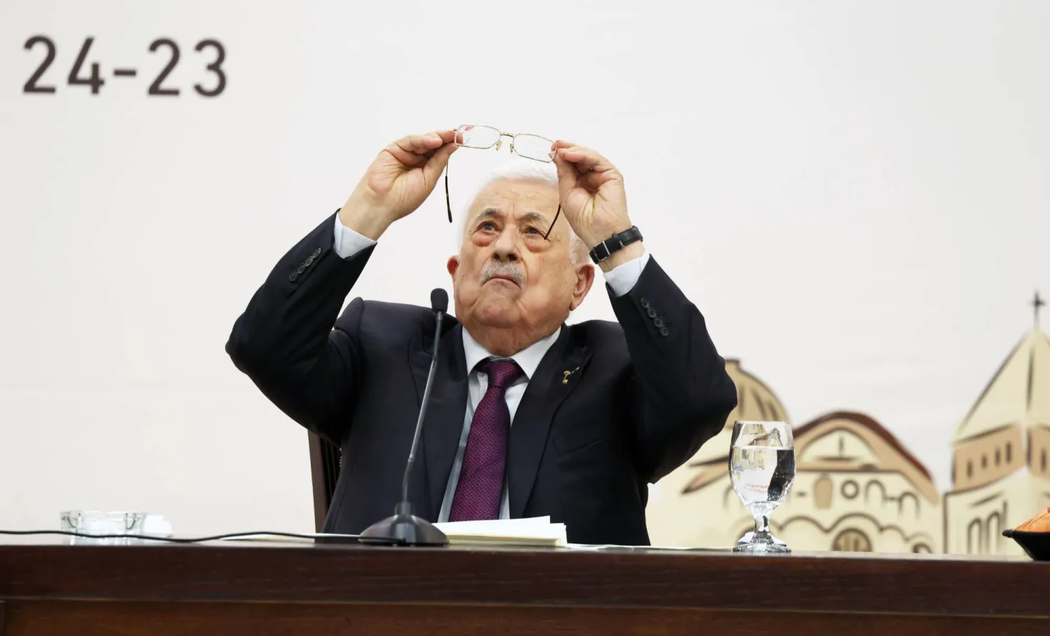 President Mahmoud Abbas during the 32nd session of the Palestine Liberation Organization's Central Council in Ramallah, April 2025 (A.P.)