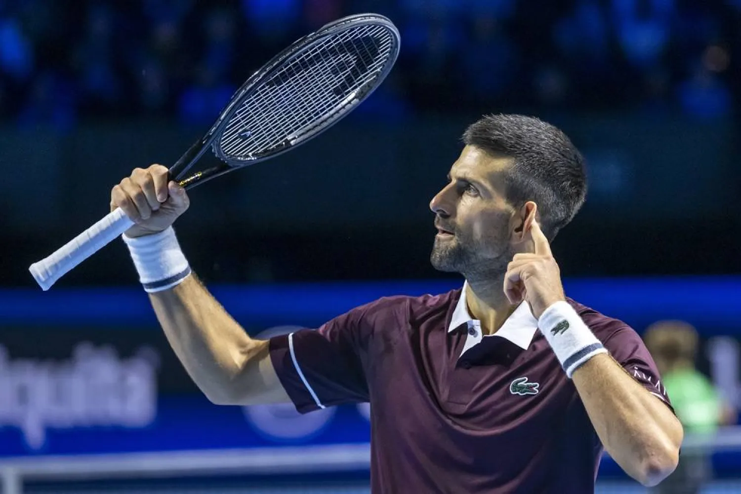 Serbia's Novak Djokovic reacts during his round of 16 match against Germany's Jan-Lennard Struff at the Swiss Indoors Basel tennis tournament, in Basel, Switzerland, 29 October 2026. (EPA)